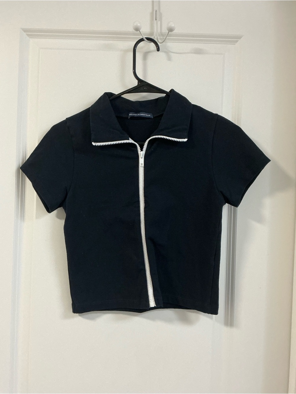 Brandy Melville Black Short-Sleeve Zip Collar Top crop shirt one size XS S